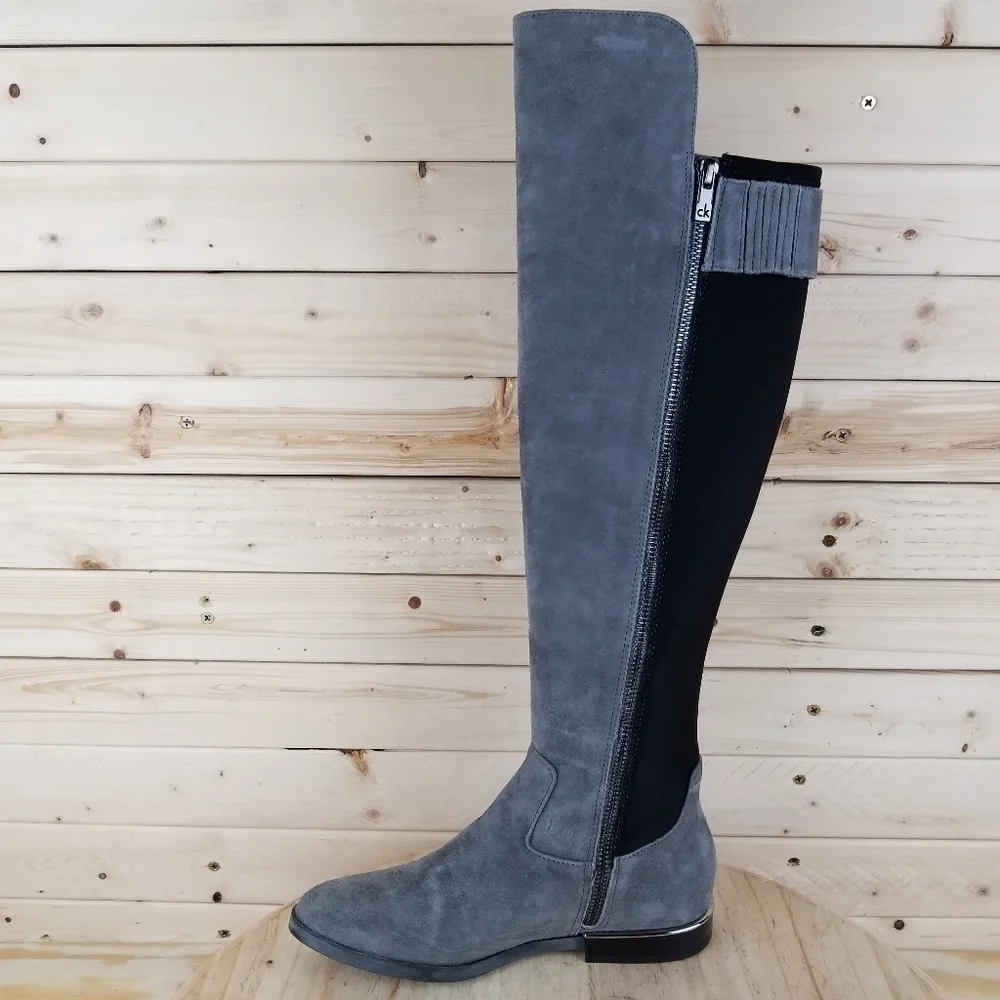 Calvin Klein Priya OTK Size 5.5 US Grey/Black Suede/Leather Over Knee Boots NEW
